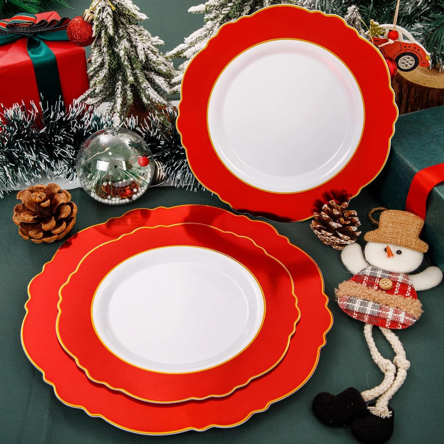 WDF 60pcs Red Plastic Plates Gold Rim - 10.25inch Red Dinner Plates Disposable Plates Table Decor for Memorial Day