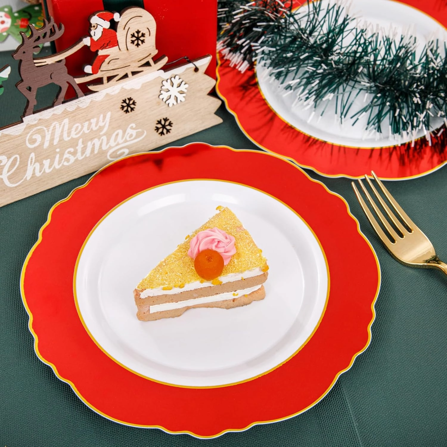 WDF 60pcs Red Plastic Plates Gold Rim - 10.25inch Red Dinner Plates Disposable Plates Table Decor for Memorial Day