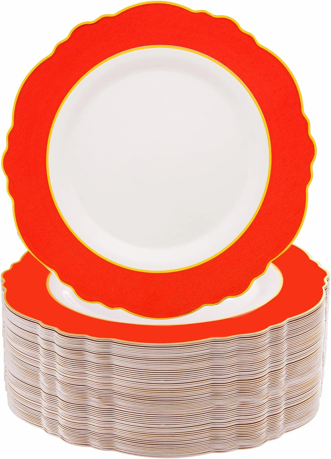 WDF 60pcs Red Plastic Plates Gold Rim - 10.25inch Red Dinner Plates Disposable Plates Table Decor for Memorial Day