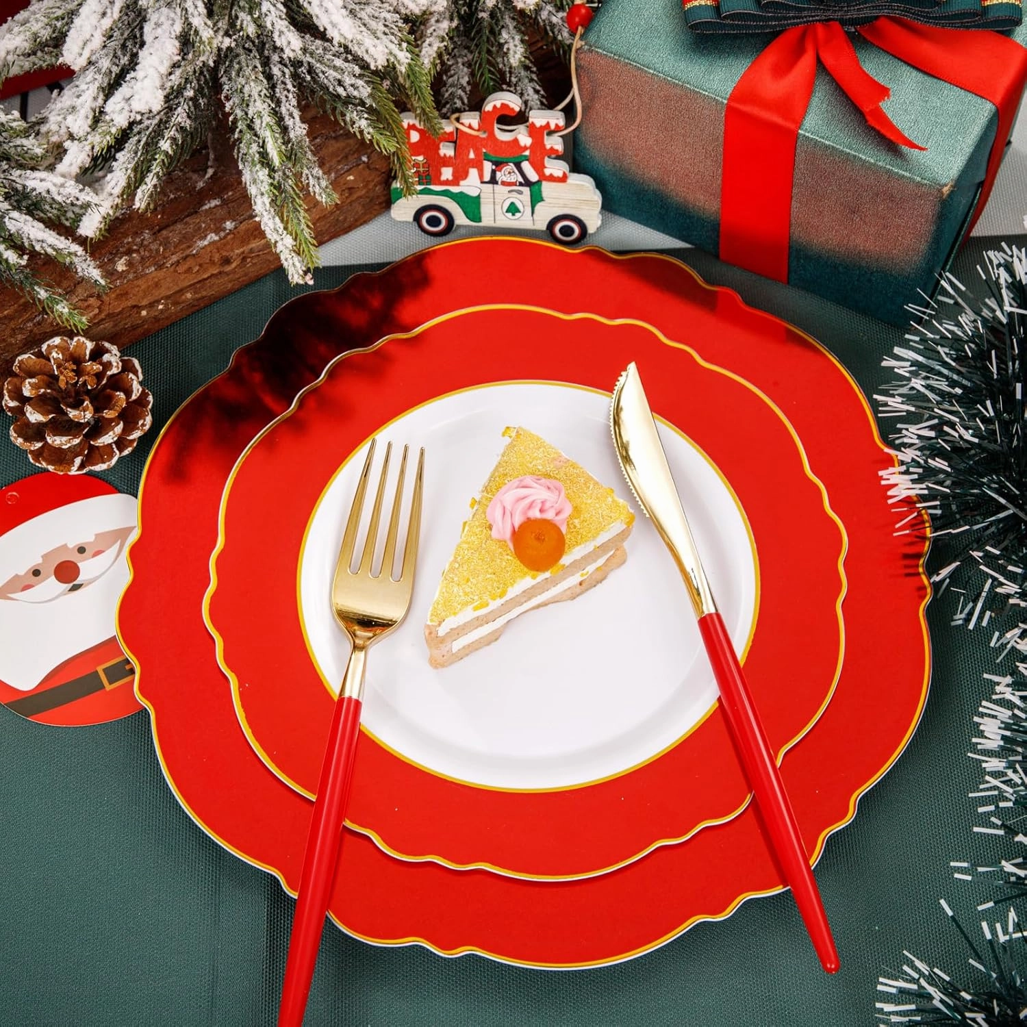 WDF 60pcs Red Plastic Plates Gold Rim - 10.25inch Red Dinner Plates Disposable Plates Table Decor for Memorial Day