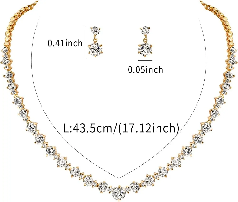 White Gold/Gold/Rose Gold Plated Women Cubic Zirconia Round Cut CZ Bridal Necklace and Drop Earring Set for Bride Wedding