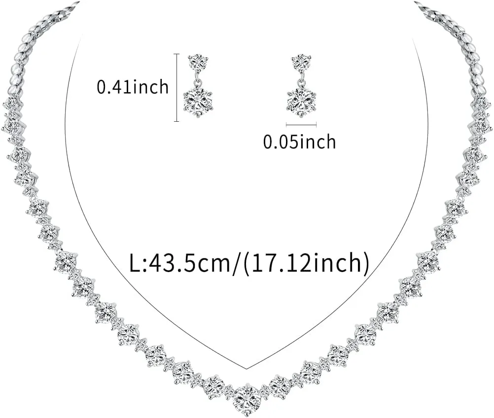 White Gold/Gold/Rose Gold Plated Women Cubic Zirconia Round Cut CZ Bridal Necklace and Drop Earring Set for Bride Wedding