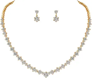 White Gold/Gold/Rose Gold Plated Women Cubic Zirconia Round Cut CZ Bridal Necklace and Drop Earring Set for Bride Wedding