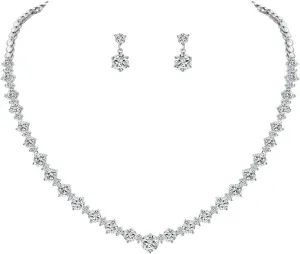 White Gold/Gold/Rose Gold Plated Women Cubic Zirconia Round Cut CZ Bridal Necklace and Drop Earring Set for Bride Wedding