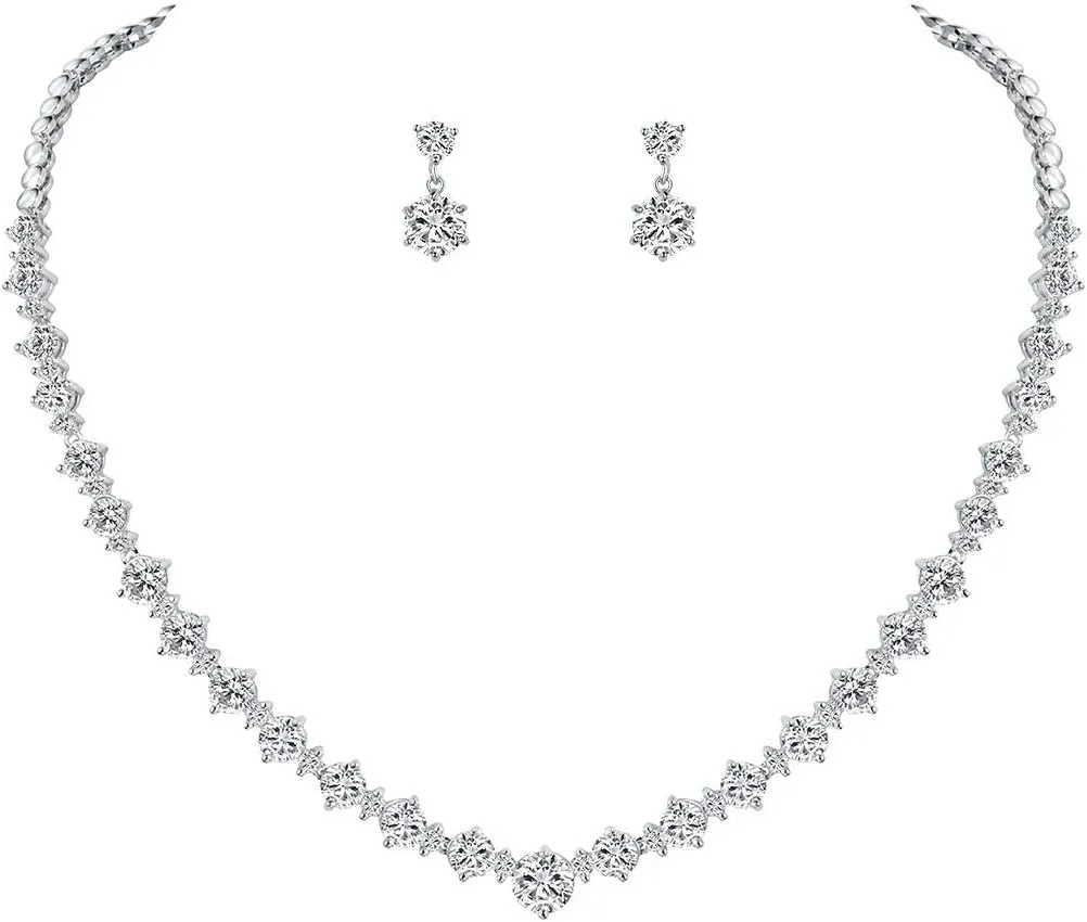 White Gold/Gold/Rose Gold Plated Women Cubic Zirconia Round Cut CZ Bridal Necklace and Drop Earring Set for Bride Wedding