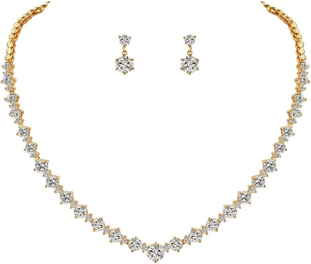 White Gold/Gold/Rose Gold Plated Women Cubic Zirconia Round Cut CZ Bridal Necklace and Drop Earring Set for Bride Wedding