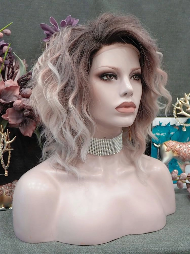 White Pink Brown Ombre Blonde Lace Front Wigs Short Bob Wavy Wigs Synthetic Hair Wig Free Part with Natural Hairline Shoulder Length for Women (White Brown Ombre Blonde)