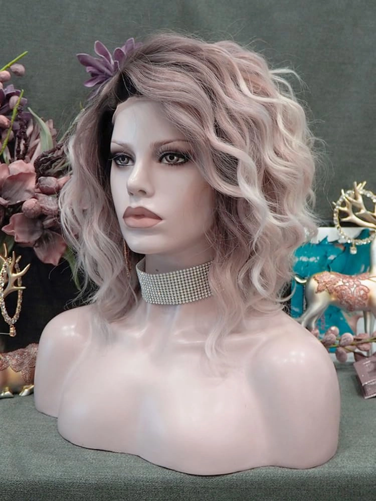 White Pink Brown Ombre Blonde Lace Front Wigs Short Bob Wavy Wigs Synthetic Hair Wig Free Part with Natural Hairline Shoulder Length for Women (White Brown Ombre Blonde)