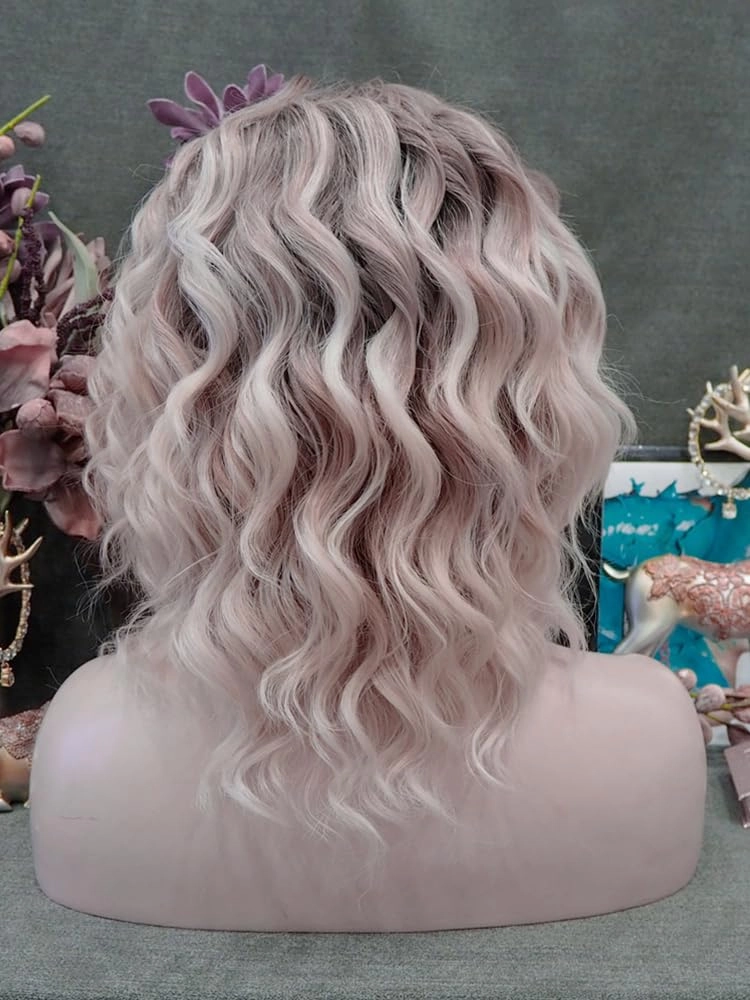 White Pink Brown Ombre Blonde Lace Front Wigs Short Bob Wavy Wigs Synthetic Hair Wig Free Part with Natural Hairline Shoulder Length for Women (White Brown Ombre Blonde)