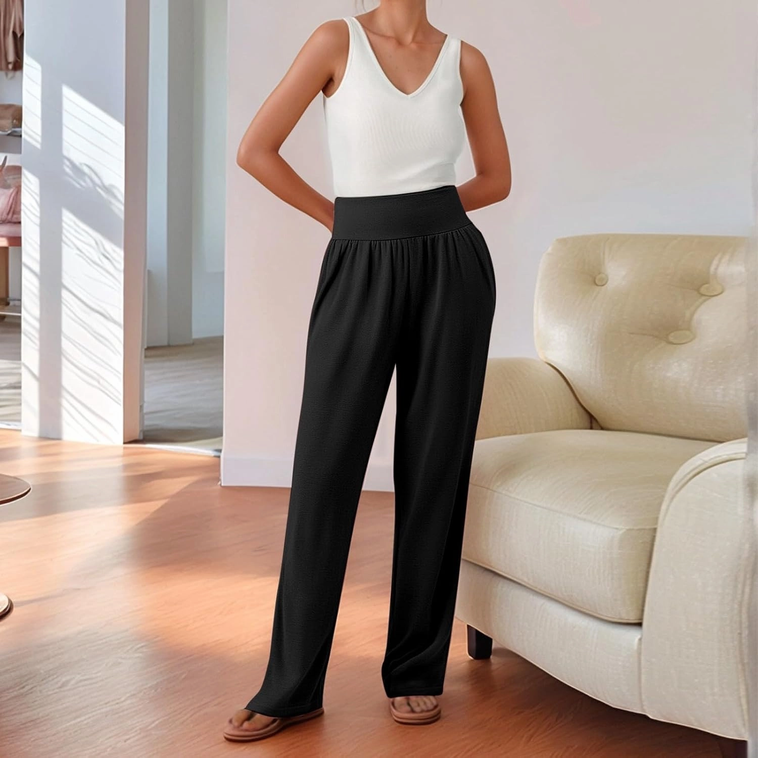 Wide Leg Yoga Pants for Women Elastic High Waisted Casual Trousers Pull On Summer Baggy Athletic Workout Sweatpants