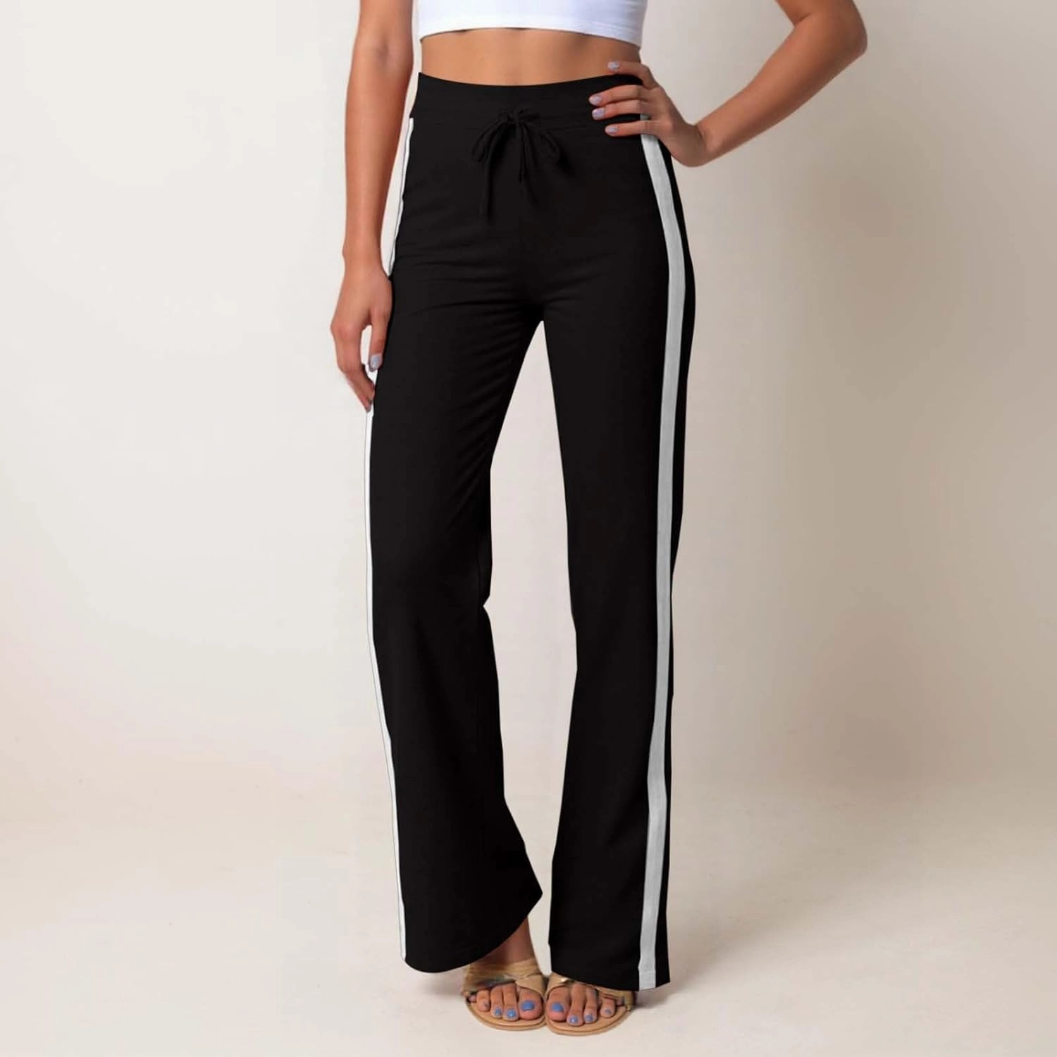 Wide Leg Yoga Pants for Women Striped Elastic High Waisted Casual Trousers Plus Size Pull On Athletic Workout Sweatpants