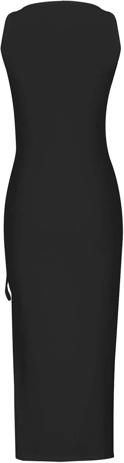 Women Crewneck Sleeveless Midi Dress Striped Contras Sundress Regular Fit 2024 Fashion Beach Maxi Dress