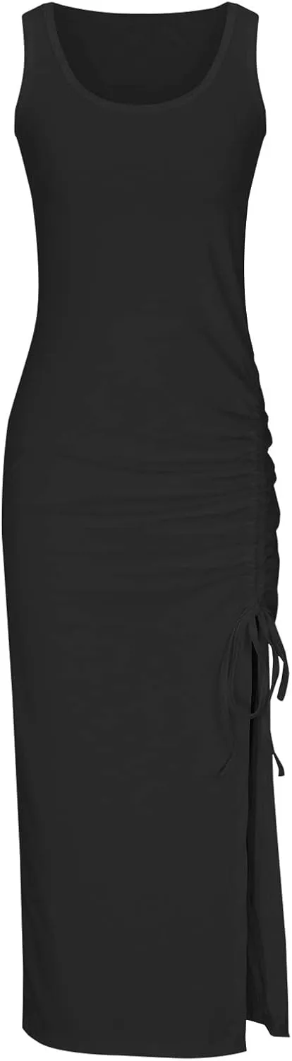Women Crewneck Sleeveless Midi Dress Striped Contras Sundress Regular Fit 2024 Fashion Beach Maxi Dress