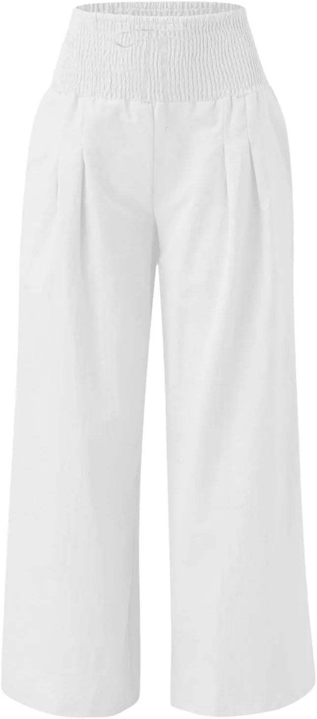 Women Linen Palazzo Pants Summer Boho Wide Leg High Waisted Casual Long Lounge Pants Beach Travel Vacation Trousers