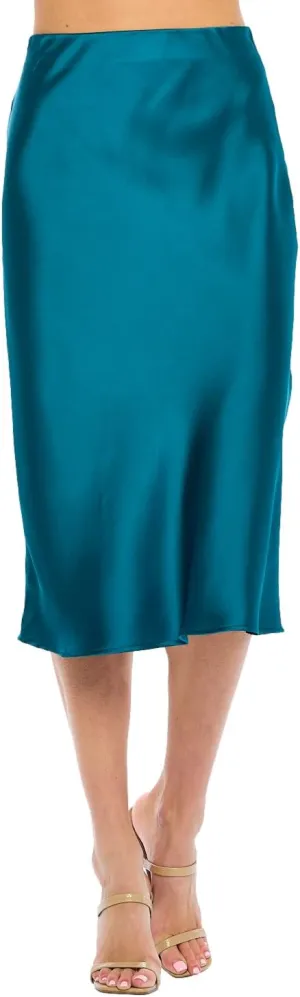 Women Solid High Waist Silky Casual Elastic Satin Midi Skirt -Made in USA (Available in Plus Size)