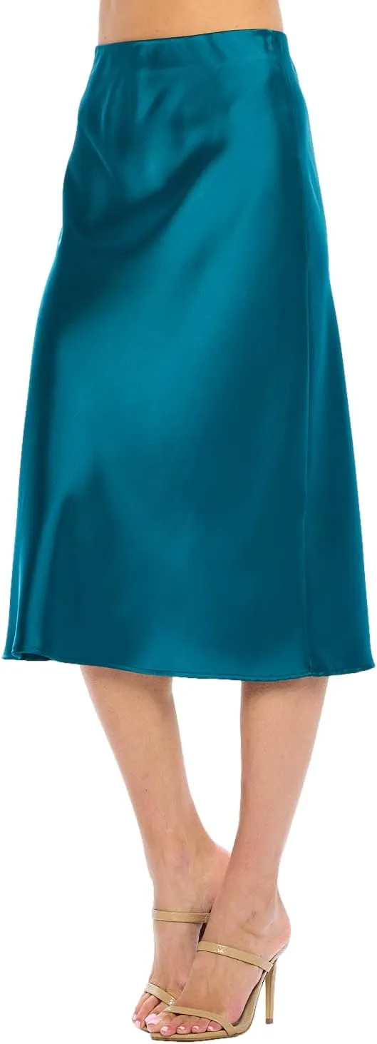 Women Solid High Waist Silky Casual Elastic Satin Midi Skirt -Made in USA (Available in Plus Size)