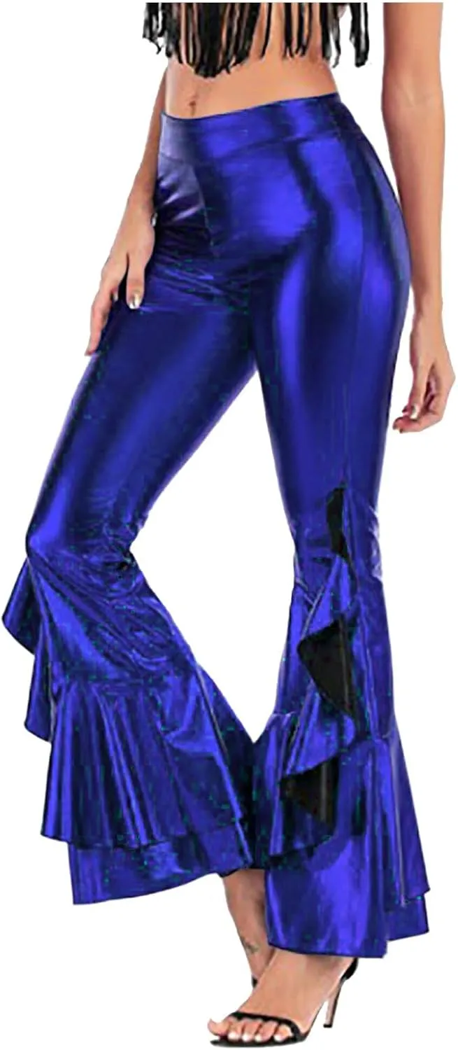 Women Vintage Shiny Metallic Bell Bottom Ruffle Flare Pants- 70s Disco High Waisted Dance Bootcut Palazzo Pants
