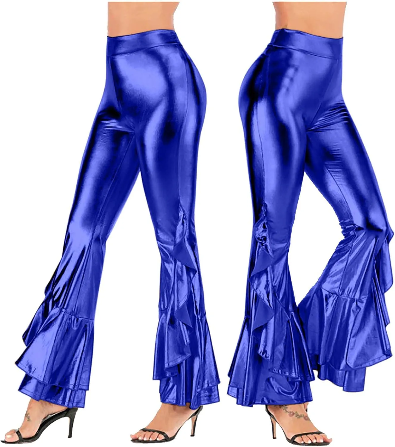 Women Vintage Shiny Metallic Bell Bottom Ruffle Flare Pants- 70s Disco High Waisted Dance Bootcut Palazzo Pants