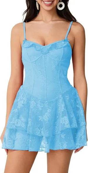 Women Y2K Spaghetti Strap Lace Bustier Mini Dress Sexy Sleeveless Ruched Split Bodycon Party Night Out Dress