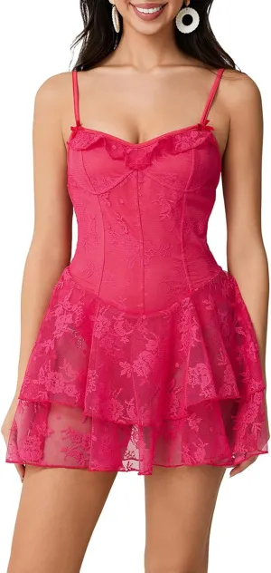 Women Y2K Spaghetti Strap Lace Bustier Mini Dress Sexy Sleeveless Ruched Split Bodycon Party Night Out Dress
