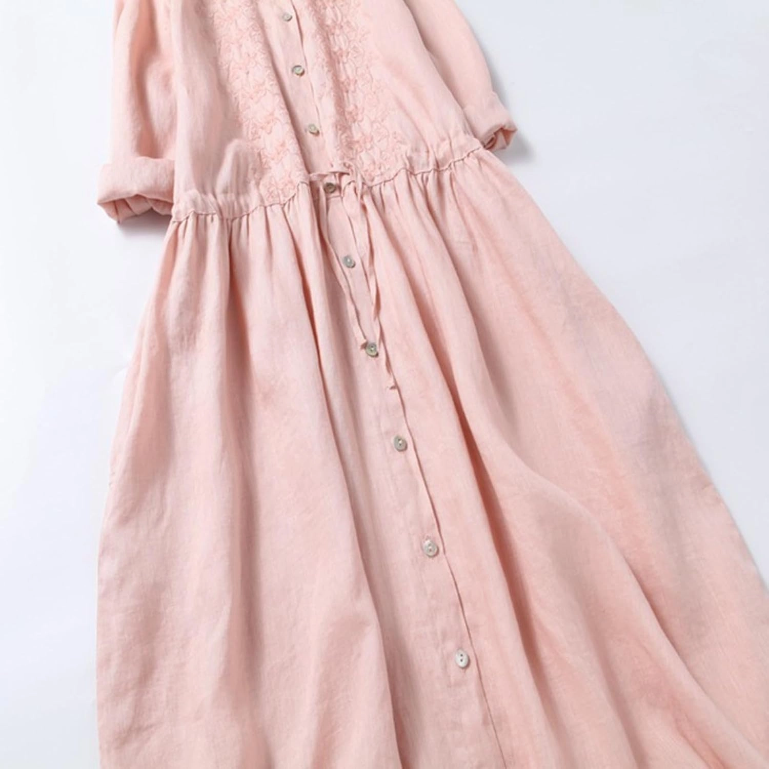 Women Bohemian Cotton Linen Dresses 3/4 Sleeve Maxi Long Dress Plain Classic Dresses Trendy Boho Dress with Belt