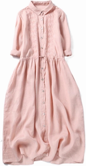 Women Bohemian Cotton Linen Dresses 3/4 Sleeve Maxi Long Dress Plain Classic Dresses Trendy Boho Dress with Belt