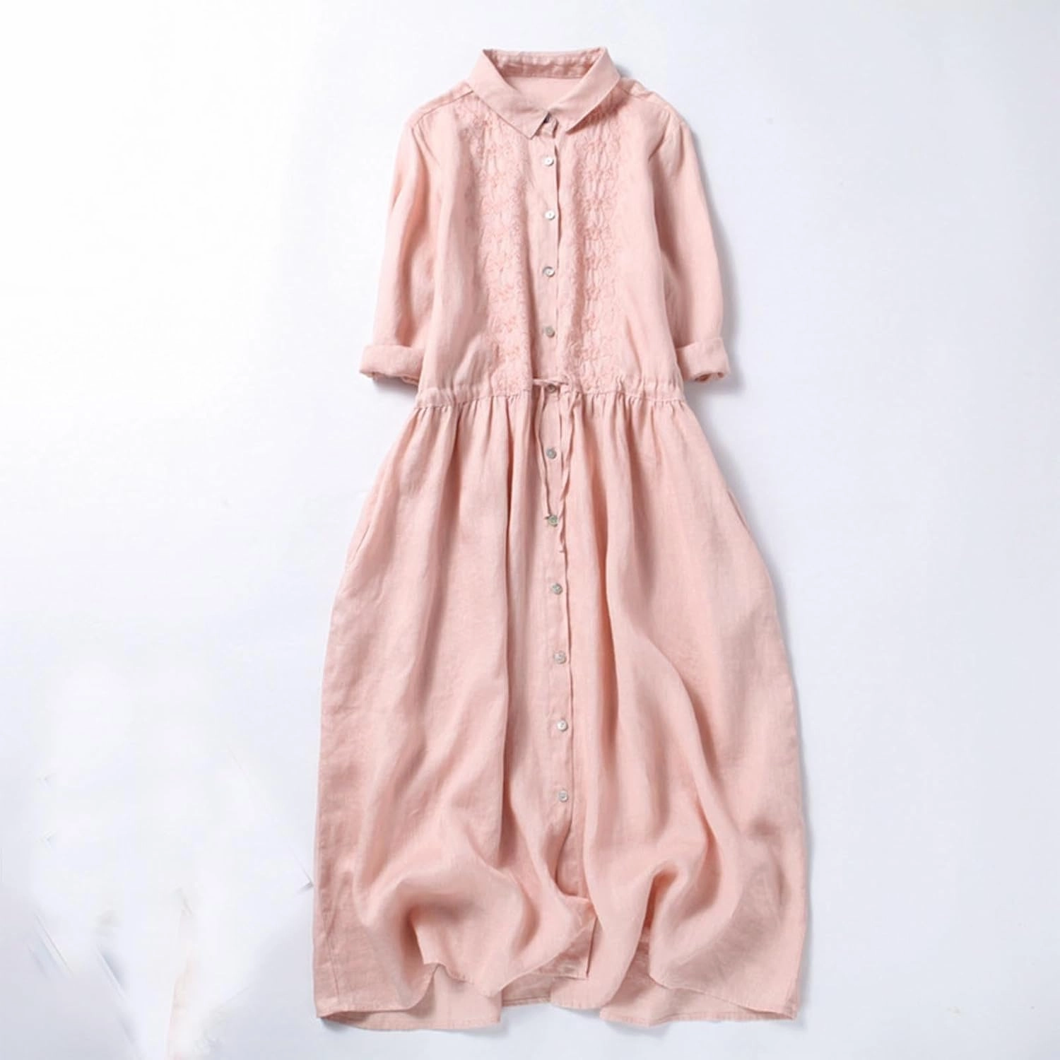 Women Bohemian Cotton Linen Dresses 3/4 Sleeve Maxi Long Dress Plain Classic Dresses Trendy Boho Dress with Belt