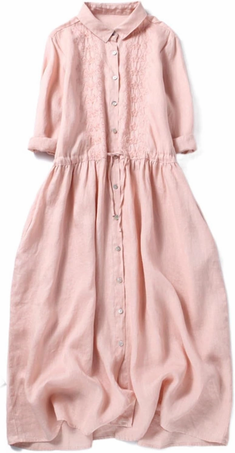 Women Bohemian Cotton Linen Dresses 3/4 Sleeve Maxi Long Dress Plain Classic Dresses Trendy Boho Dress with Belt
