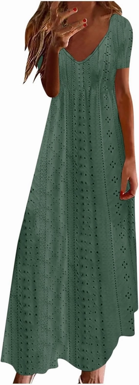 Women Casual Holiday Style Long Dress Short Sleeve V-Neck Hollow Out Dress Solid Loose Tunic Hide Belly Dress