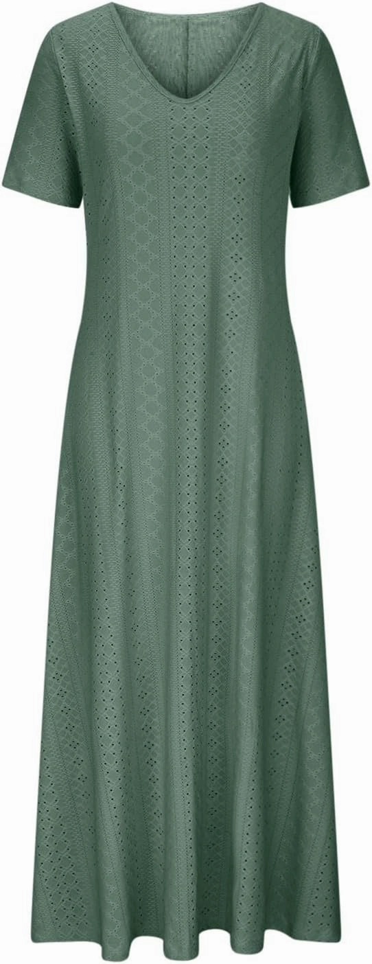 Women Casual Holiday Style Long Dress Short Sleeve V-Neck Hollow Out Dress Solid Loose Tunic Hide Belly Dress