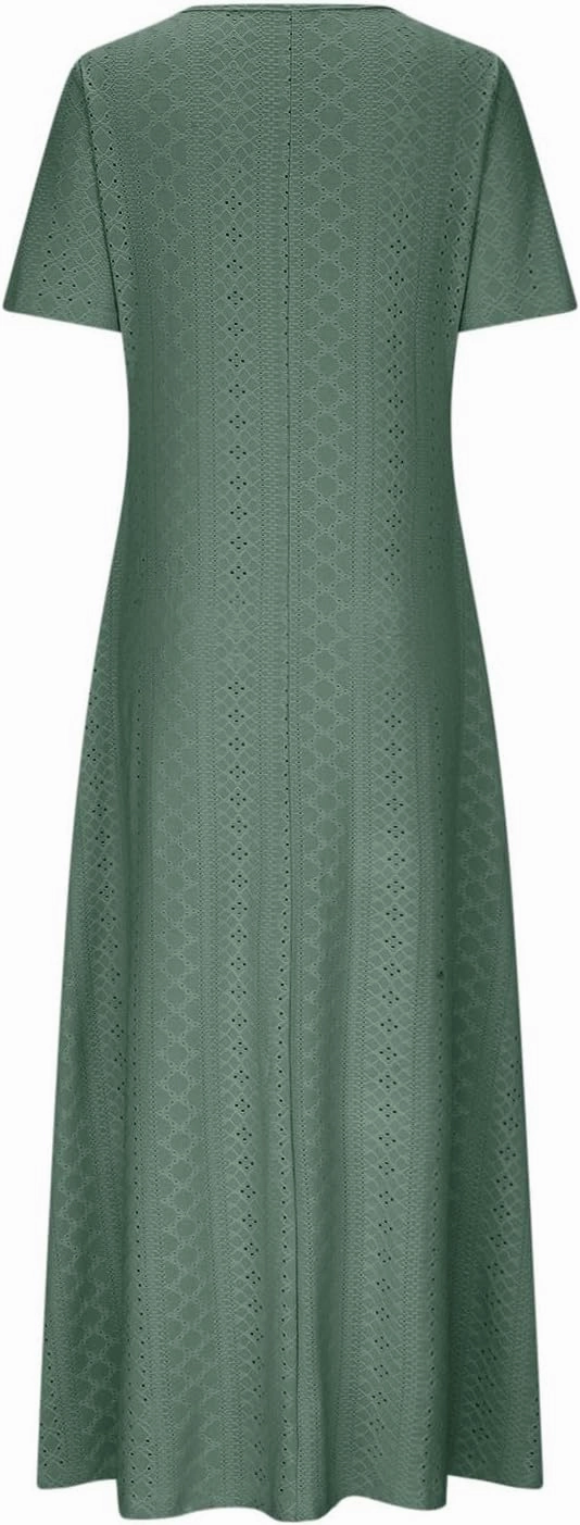 Women Casual Holiday Style Long Dress Short Sleeve V-Neck Hollow Out Dress Solid Loose Tunic Hide Belly Dress