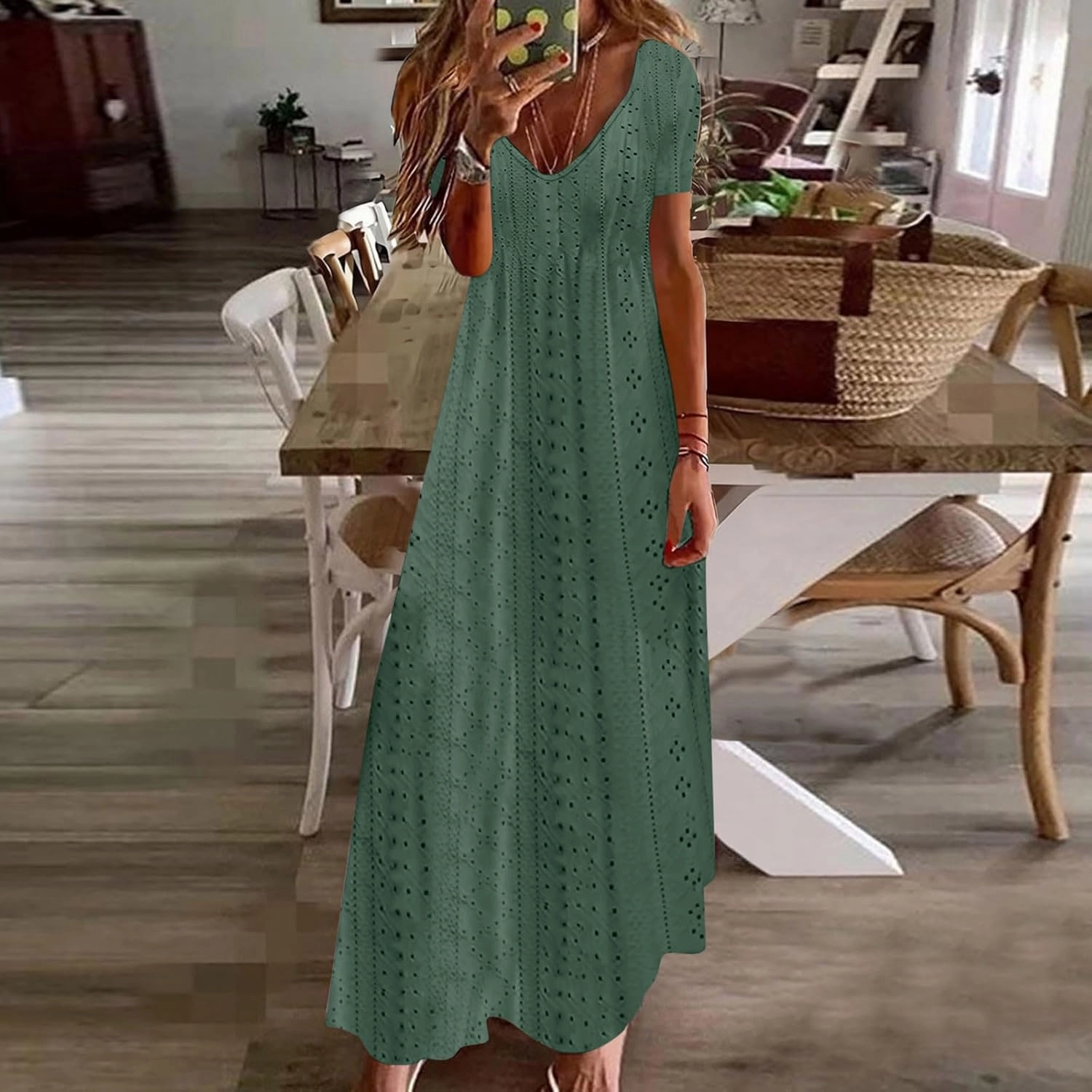 Women Casual Holiday Style Long Dress Short Sleeve V-Neck Hollow Out Dress Solid Loose Tunic Hide Belly Dress