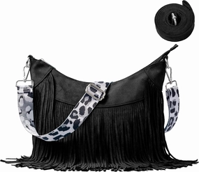 Women Faux Suede Fringed Purse Hobo Bag Tassel Crossbody with Double Long Straps