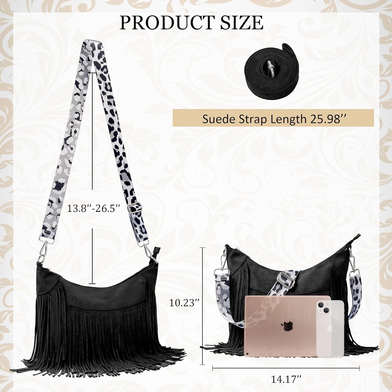 Women Faux Suede Fringed Purse Hobo Bag Tassel Crossbody with Double Long Straps