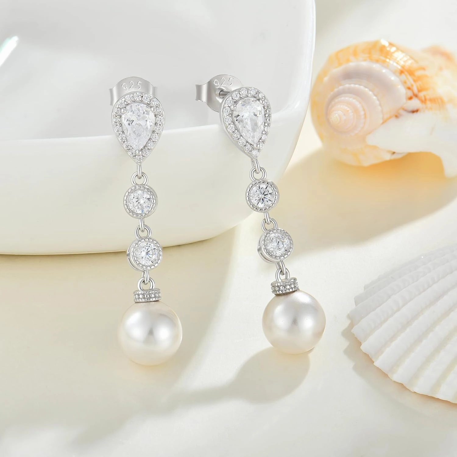 Women Pearl Earrings,925 Sterling Silver 5A Cubic Zirconia Leverback Dangle Drop Earrings with Cultured Freshwater Pearl for Her Mother Wife Birthday Wedding Engagement…