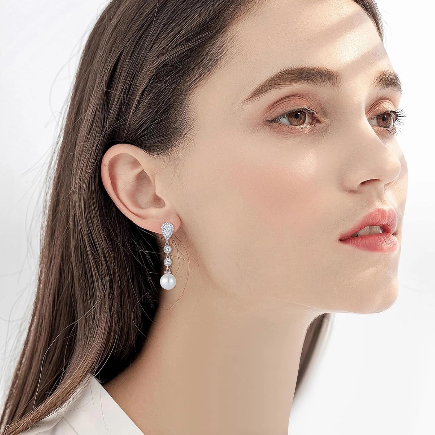 Women Pearl Earrings,925 Sterling Silver 5A Cubic Zirconia Leverback Dangle Drop Earrings with Cultured Freshwater Pearl for Her Mother Wife Birthday Wedding Engagement…