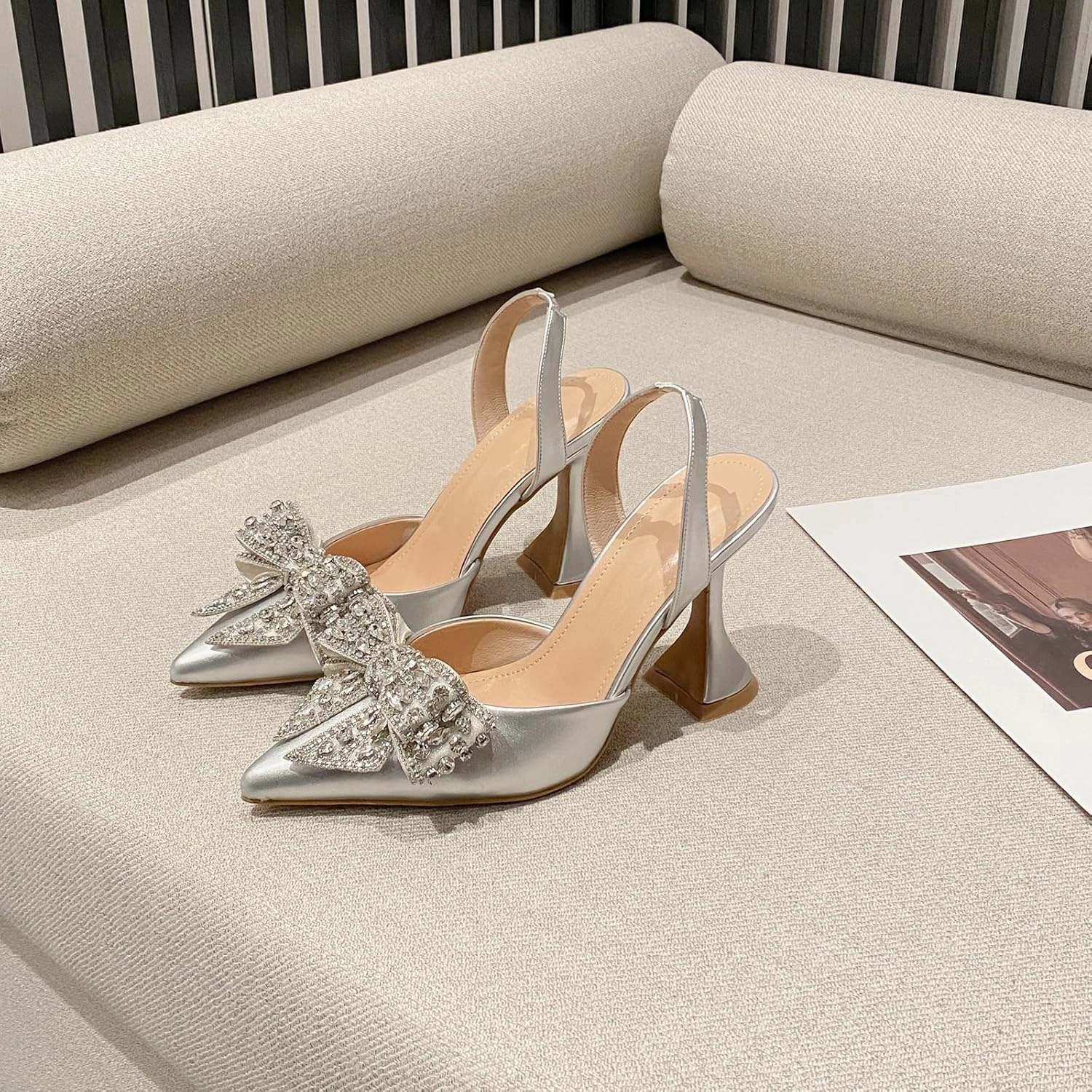 Women's Bow Pointed Toe High Heels Rhinestone Elastic Strap Slip On Slingback Shoes for Wedding Party Prom Bridesmaid Work
