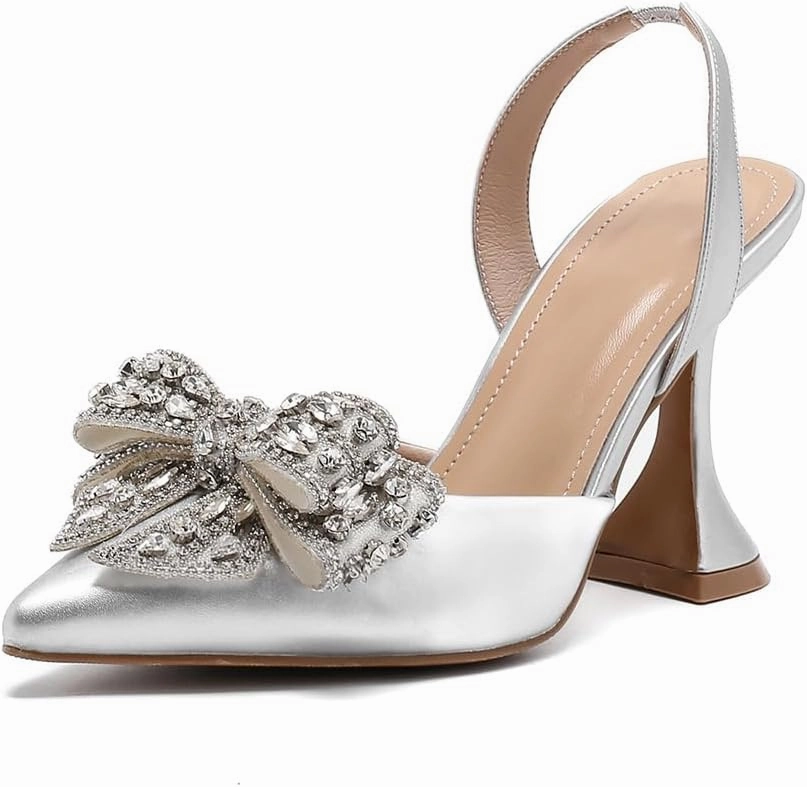 Women's Bow Pointed Toe High Heels Rhinestone Elastic Strap Slip On Slingback Shoes for Wedding Party Prom Bridesmaid Work
