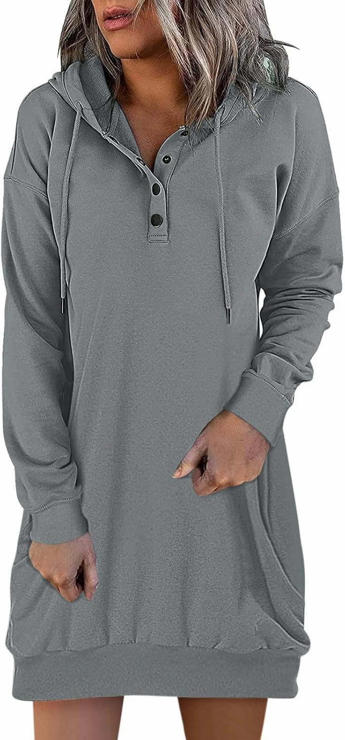 Women's Casual Dresses Fall Winter Fashion Long Sleeve Button Up Hooded Sweatshirt Dress Causal Loose Solid Pullover