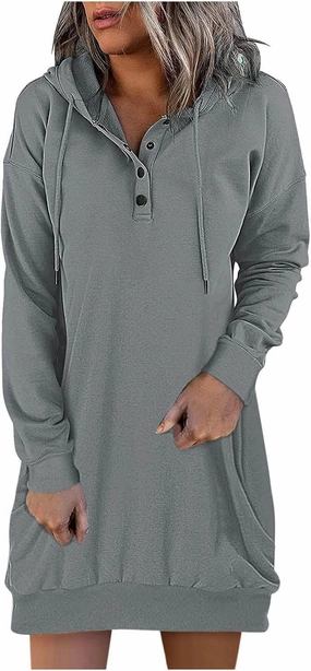 Women's Casual Dresses Fall Winter Fashion Long Sleeve Button Up Hooded Sweatshirt Dress Causal Loose Solid Pullover
