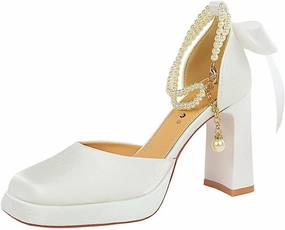 Women's Closed Toe Satin Back Bow Thick Heel Pearl Ankle Strap Platform High Heels Chunky Block Heels Comfortable Wedding Party Dress Shoes