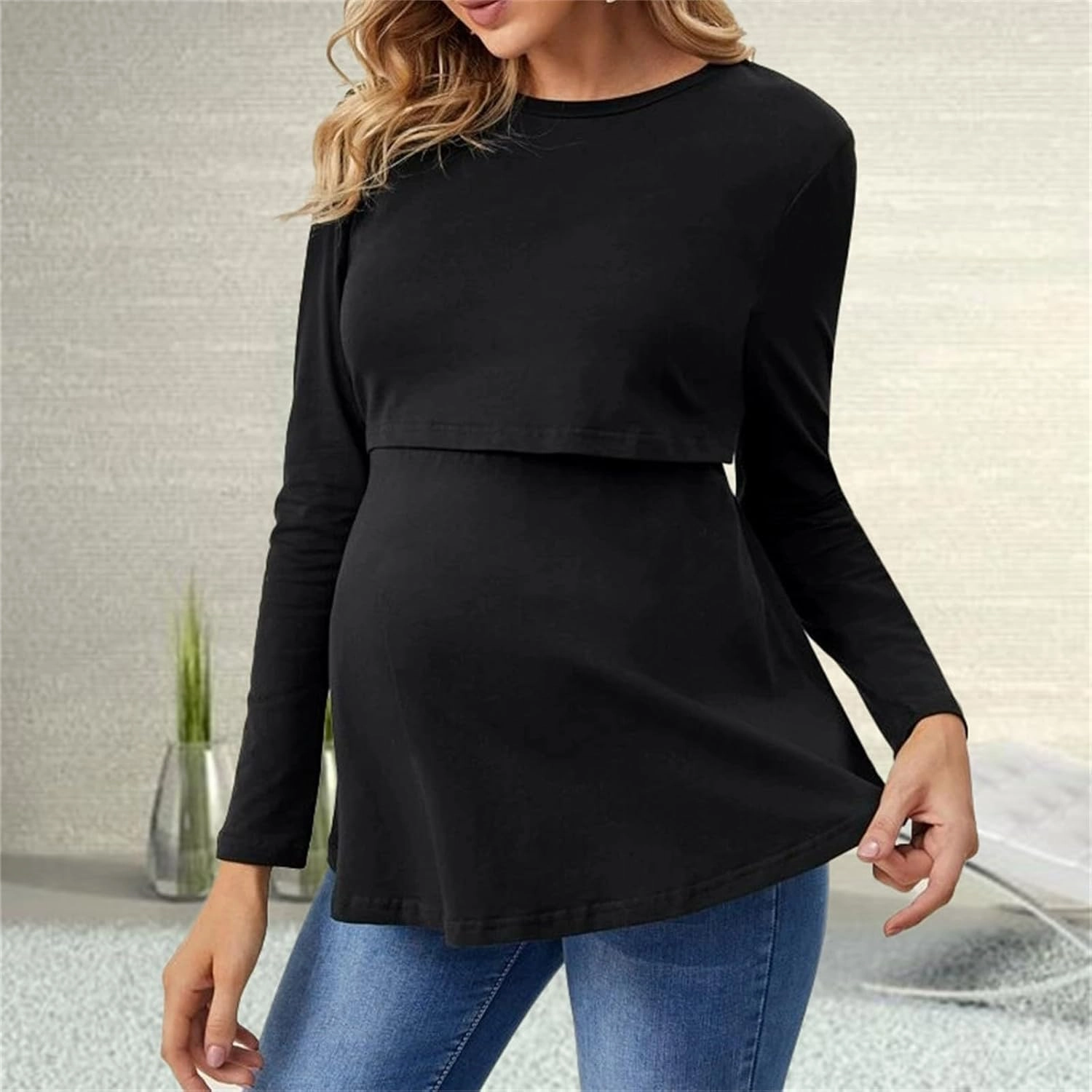 Women's Color Block Maternity Nursing Tops Crewneck Long Sleeve Double Layer Pregnancy Tee Soft Breastfeeding Shirts