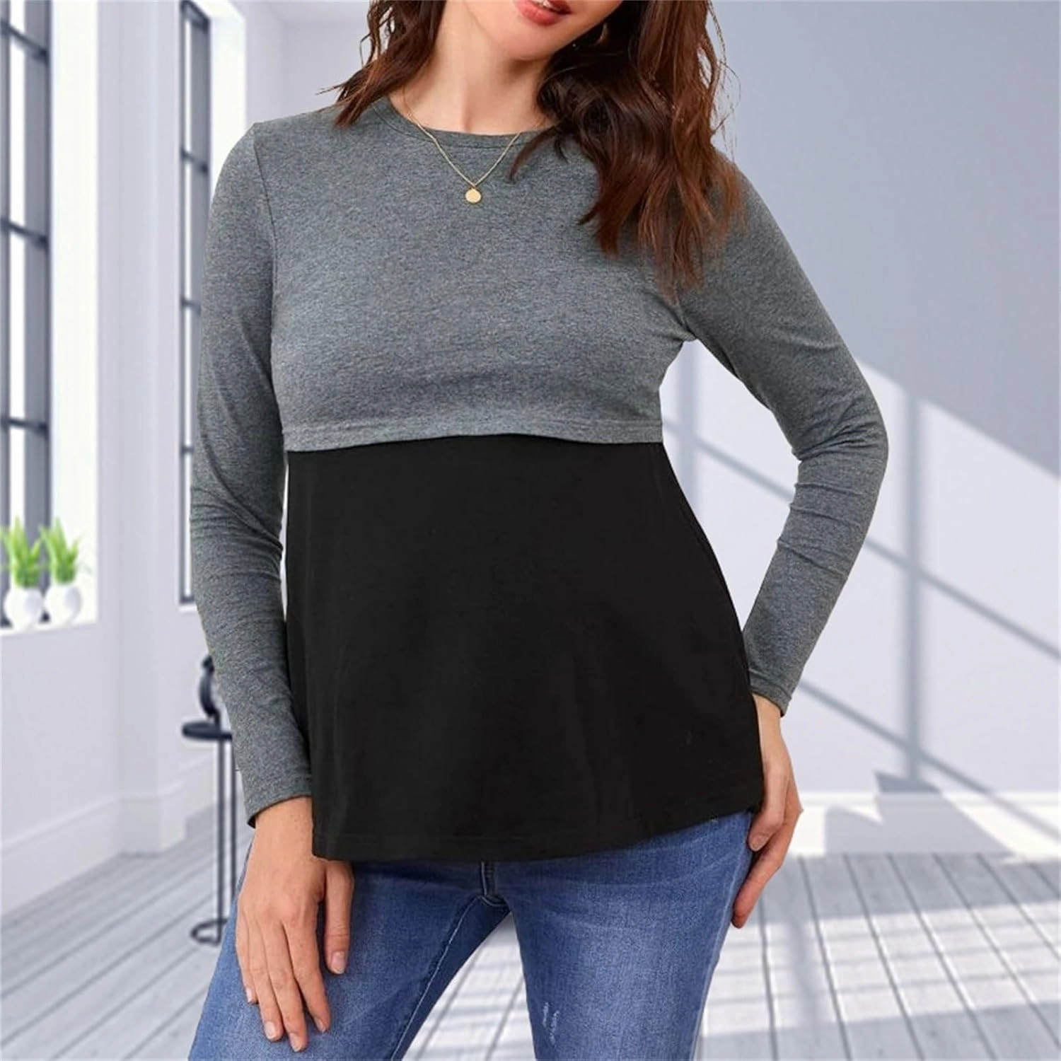 Women's Color Block Maternity Nursing Tops Crewneck Long Sleeve Double Layer Pregnancy Tee Soft Breastfeeding Shirts