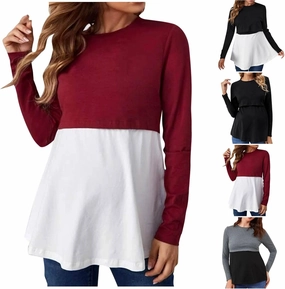 Women's Color Block Maternity Nursing Tops Crewneck Long Sleeve Double Layer Pregnancy Tee Soft Breastfeeding Shirts