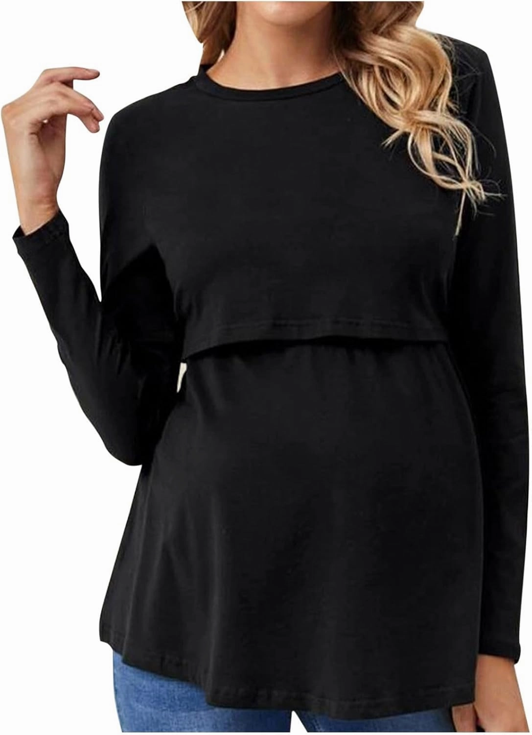 Women's Color Block Maternity Nursing Tops Crewneck Long Sleeve Double Layer Pregnancy Tee Soft Breastfeeding Shirts