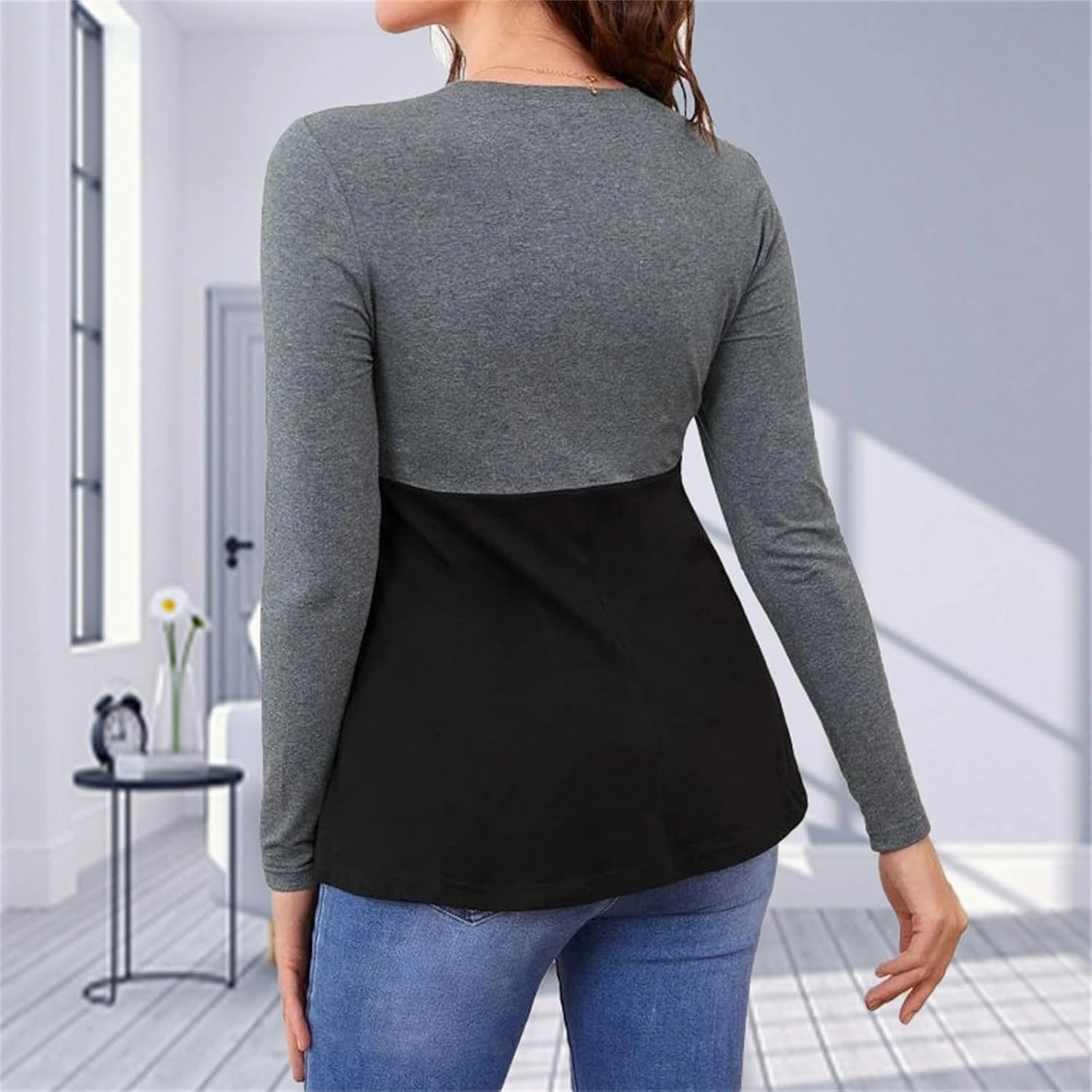 Women's Color Block Maternity Nursing Tops Crewneck Long Sleeve Double Layer Pregnancy Tee Soft Breastfeeding Shirts