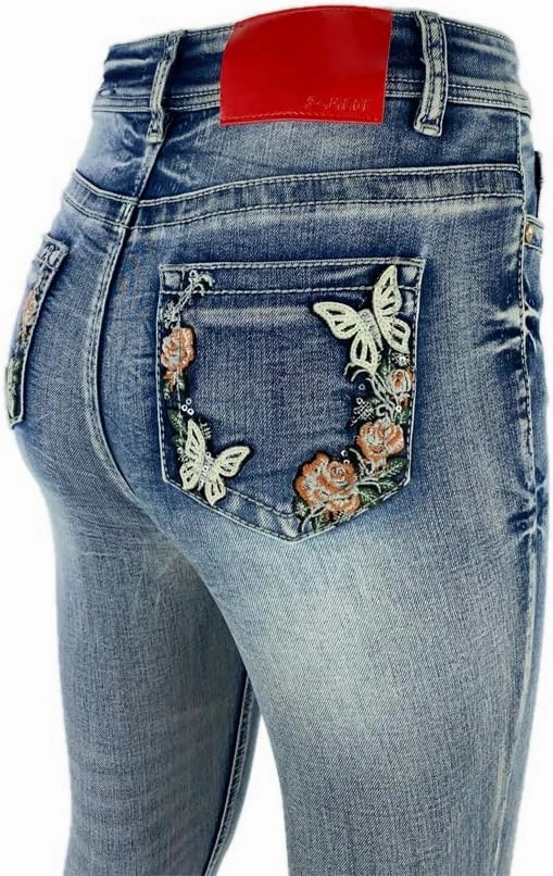 Women's High Rise Stretch Embroidered Sequins Slim Skinny Denim Jeans Tenths Pants