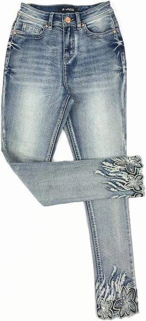 Women's High Rise Stretch Embroidered Sequins Slim Skinny Denim Jeans Tenths Pants