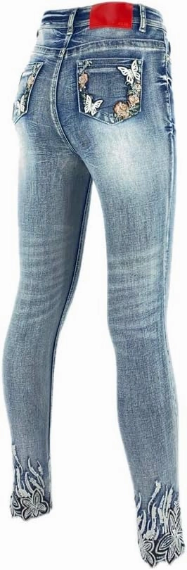 Women's High Rise Stretch Embroidered Sequins Slim Skinny Denim Jeans Tenths Pants