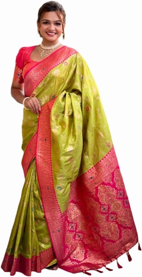 Women's Pure Lichi Silk Indian Wedding Wear kanjeevaram Saree with UnStitched Blouse Piece